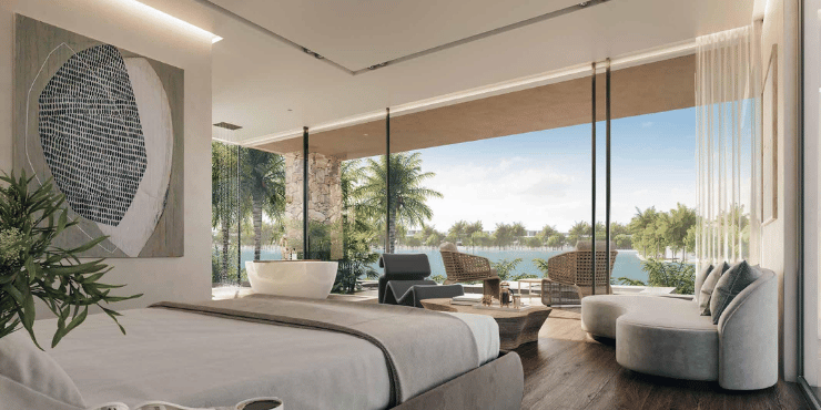 Alaya Beach at Tilal Al Ghaf: Modernist mansion with floor-to-ceiling windows.