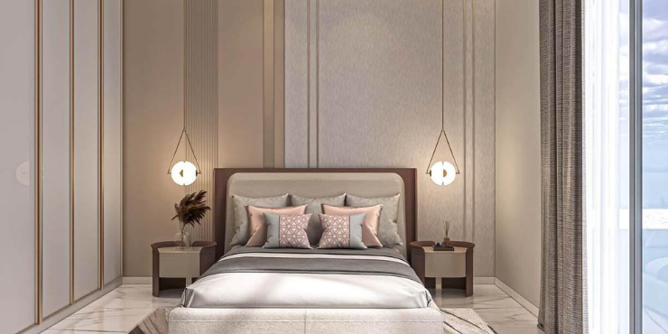 Elegant bedroom with large windows offering natural light at Amethyst at Majan.