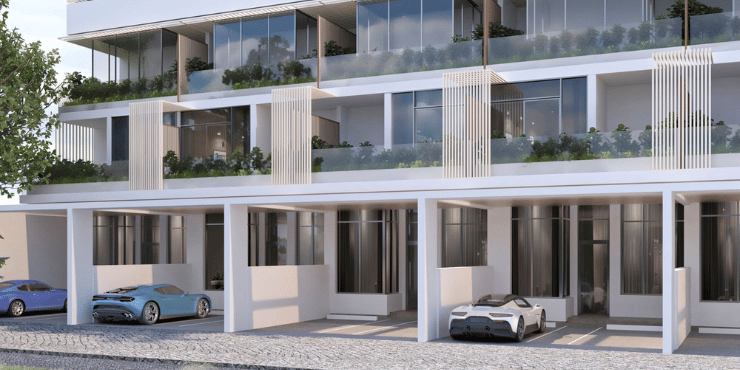 Ashton Park townhouse exterior showcasing modern architecture in Jumeirah Village Circle.