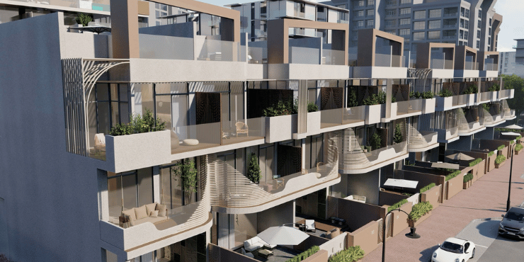 Ashton Park townhouse exterior showcasing modern architecture in Jumeirah Village Circle.