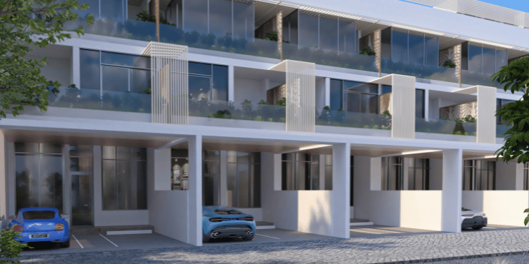 Ashton Park townhouse exterior showcasing modern architecture in Jumeirah Village Circle.