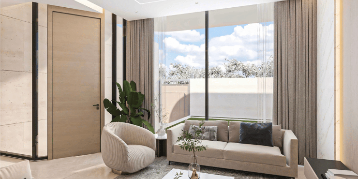 Elegant living room with contemporary design and spacious layout inside Ashton Park townhouses.