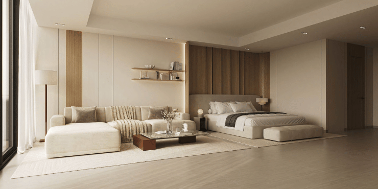 Binghatti Haven elegant bedroom with large windows and premium finishes in a spacious apartment.