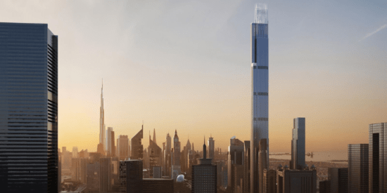 برج عزيزي في شارع الشيخ زايد، دبي. برج فاخر يضم شقق وفندق من فئة 7 نجوم ومنصة مراقبة.