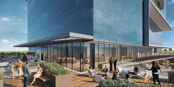 Capital One at Motor City landscaped terrace with relaxation.