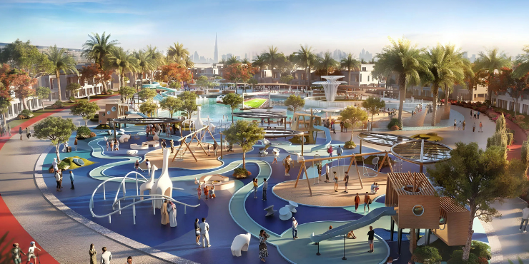 DAMAC Riverside Views: Lush green spaces and walking paths for outdoor activities and relaxation.