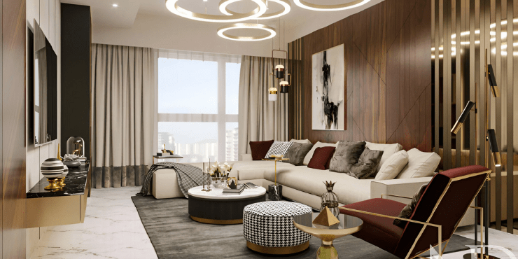 Spacious living room with elegant interiors in DAMAC Riverside Views Marine 2.