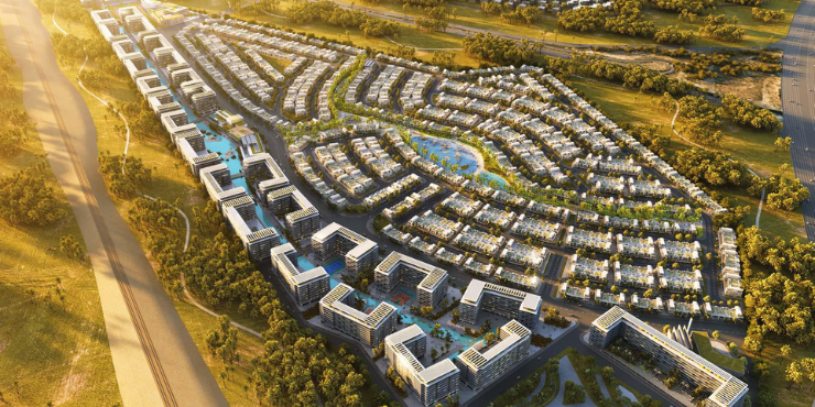 Stunning waterfront view of DAMAC Riverside Views luxury apartments in Dubai Investment Park.