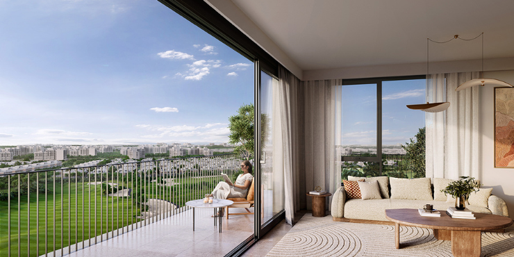 Balcony view of lush golf course from Golf Edge Apartments.