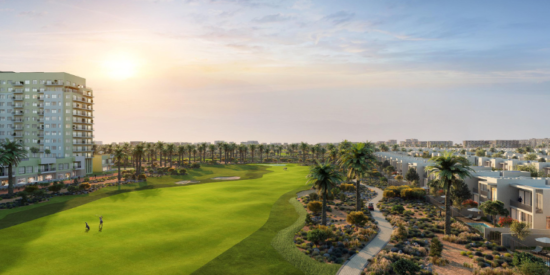 Aerial view of Golf Edge Apartments with golf course vistas.