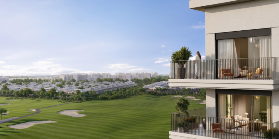 Modern exterior of Golf Edge Apartments, Emaar South Dubai.