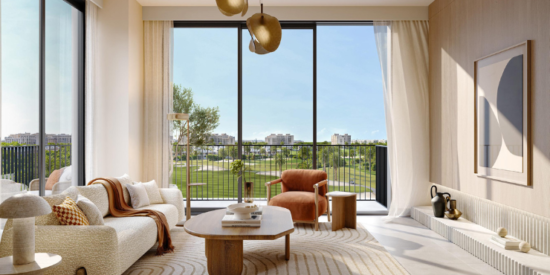 Stylish living room inside Golf Edge Apartments with views.