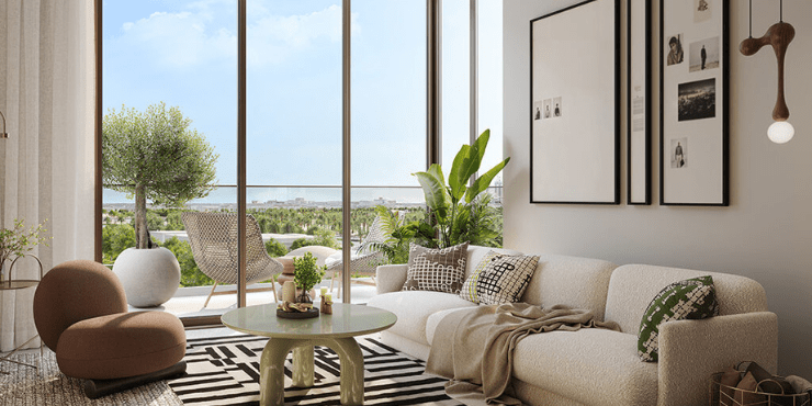 Hillsedge at Dubai Hills Estate: Spacious living room with panoramic city skyline views.