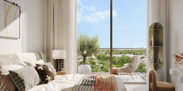 Hillsedge at Dubai Hills Estate: Elegant bedroom with floor-to-ceiling windows and natural light.