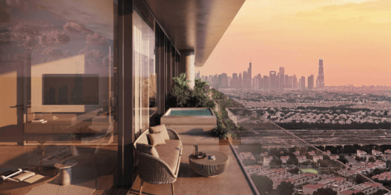 Interstellar Tower: Private balcony overlooking Dubai Marina skyline.