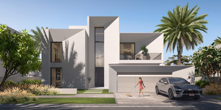 Elegant exterior of Palmiera Villas with chamfer design in Dubai.