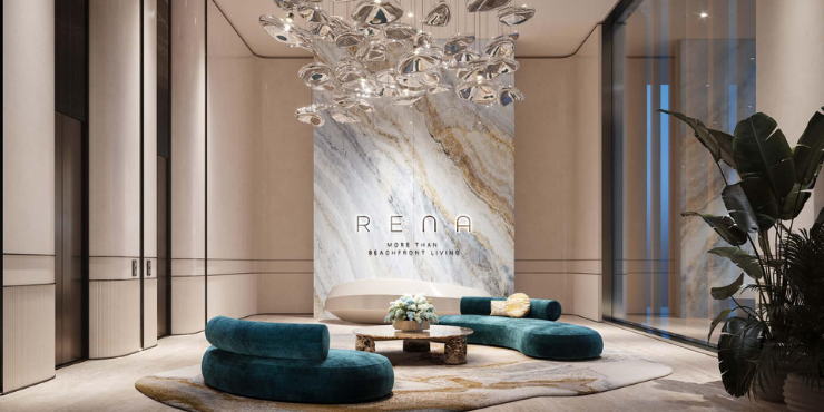 Rena: Spacious lobby with contemporary design and artwork.