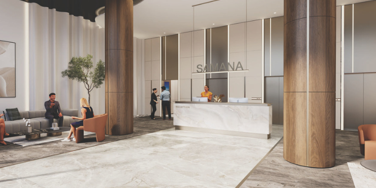 Elegant lobby with modern design and premium finishes at Samana Ocean Pearl 2.