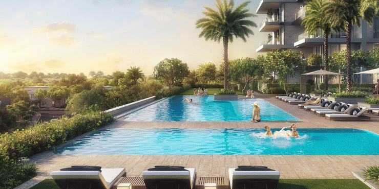 Swimming pool with city views at Serenova residential complex.