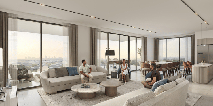 Spacious living room in Serenova apartment, Dubai Silicon Oasis.