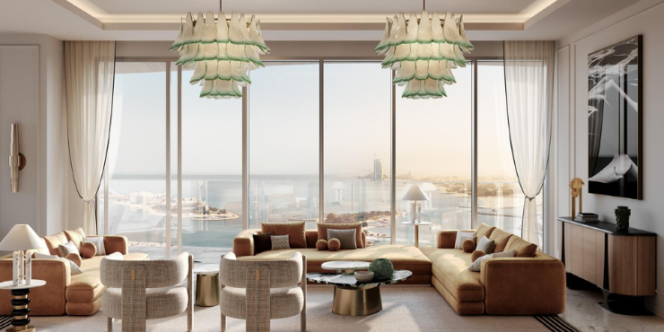 The Bristol at Emaar Beachfront modern, spacious living room with floor-to-ceiling windows.