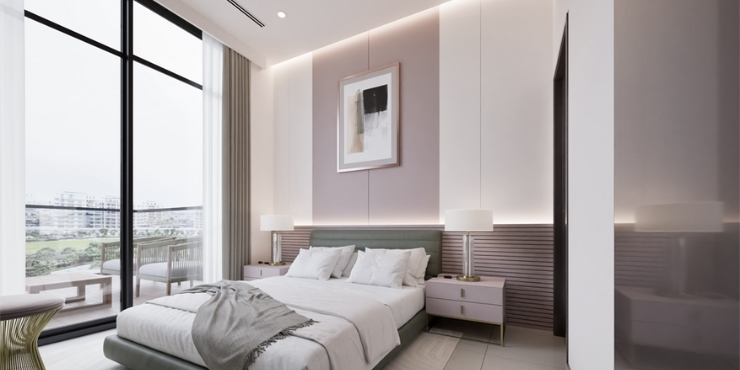 The Eighty Three elegant master bedroom with luxury interiors and custom lighting.