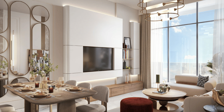 Vega Residence modern living room in Dubai Sports City.