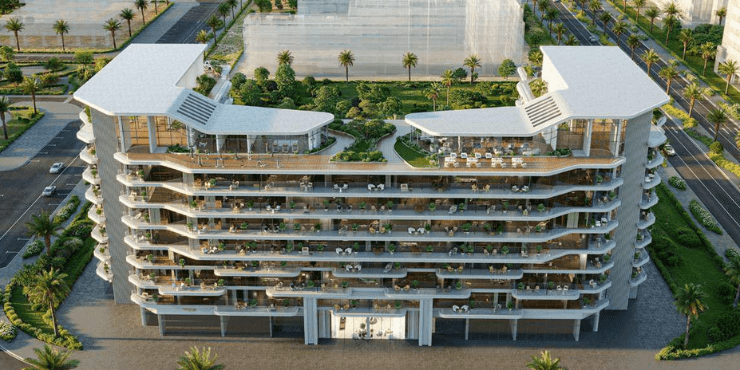 Verano rooftop terrace offering panoramic views of Dubai’s skyline and the surrounding area.