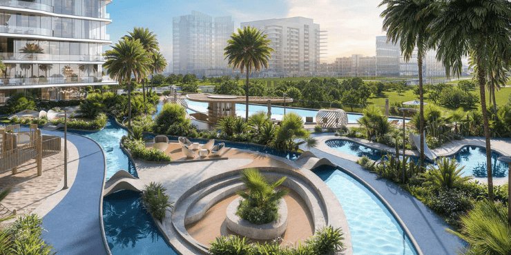 Verano outdoor pool area surrounded by lush landscaping, offering a relaxing retreat.