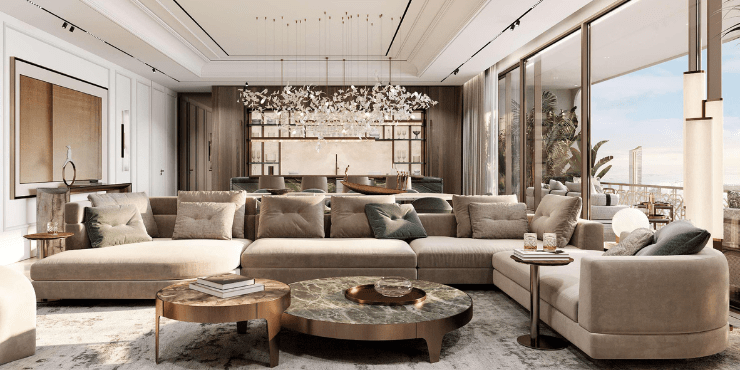 Waldorf Astoria Residences: Spacious living room with stunning views.