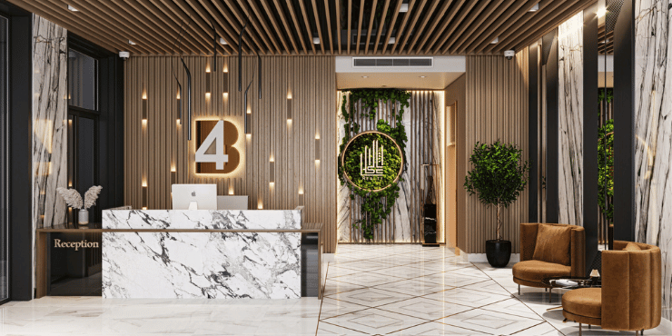 Lobby at 4B, featuring a modern and welcoming entrance for residents.