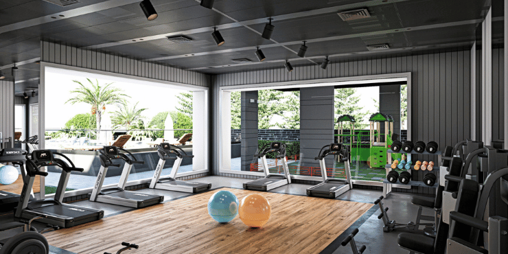 Fully equipped gym at 4B, designed for fitness and wellness.