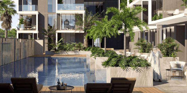 Temperature-controlled swimming pool with water features at Aura Elegance