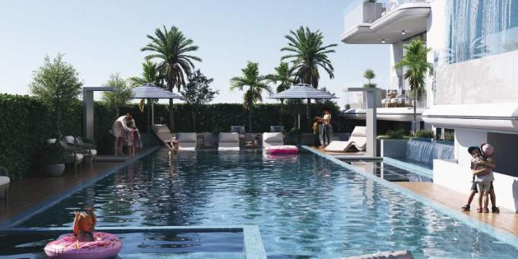 Temperature-controlled swimming pool at Blossom 76 with ledge loungers.