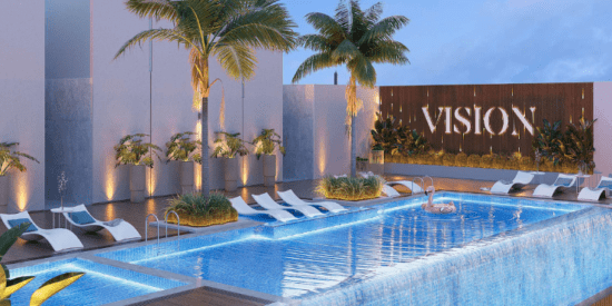 Celine Residences swimming pool with lush greenery in Liwan