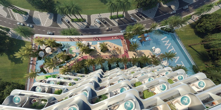 Cove Living Residence exterior view showcasing the 37-storey luxury tower in DubaiLand.