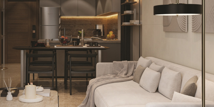 Modern open-plan living area in a 1-bedroom apartment at Coventry Gardens.