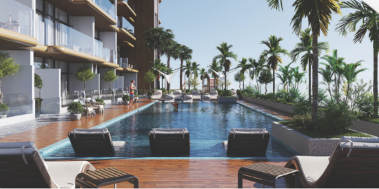 Swimming pool surrounded by greenery in Coventry Gardens, Dubailand. 