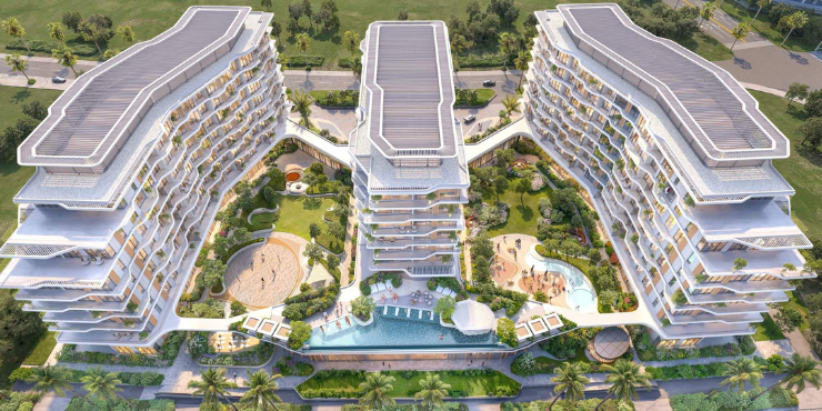 Aerial view of Flora Isle located at the heart of Dubai Islands, surrounded by lush greenery.