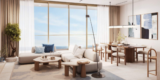 Spacious living room in a luxury apartment at Flora Isle with premium finishes and expansive windows.
