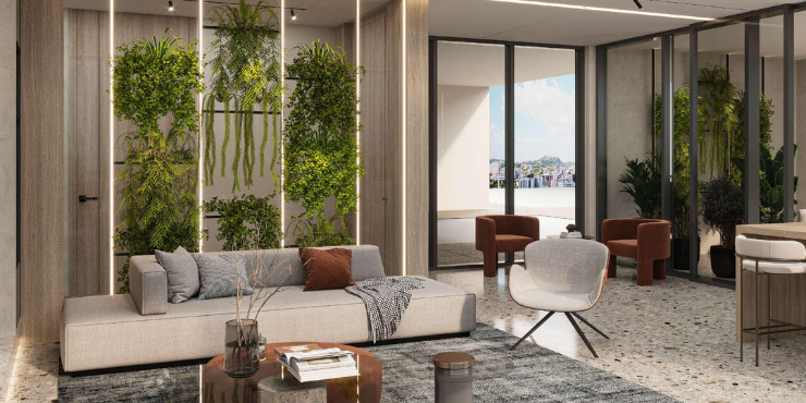 Spacious living room of a 2-bedroom apartment at Gharbi II Residences.