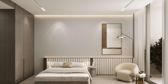 Elegant bedroom in a 1-bedroom apartment at Gharbi II Residences.