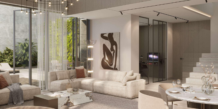 Spacious living room of a 2-bedroom apartment at Gharbi II Residences.