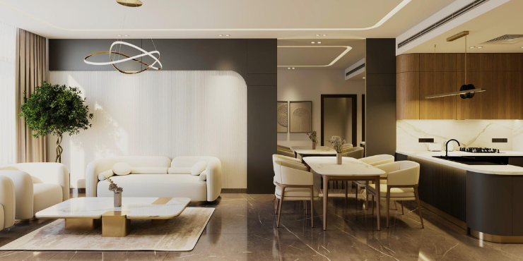 Luxury living space with smart home integration in HB Residence at MBR City, Dubai.