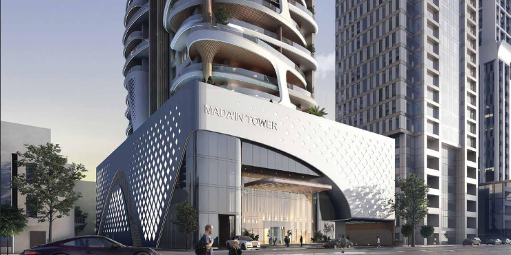 Exterior view of Mada'in Tower, a 64-floor luxury development in Dubai Marina.