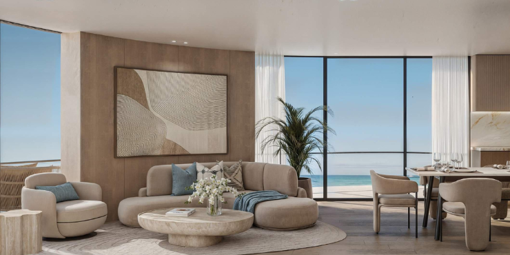 Spacious living room with floor-to-ceiling windows in Mirasol villas at Mina Al Arab.