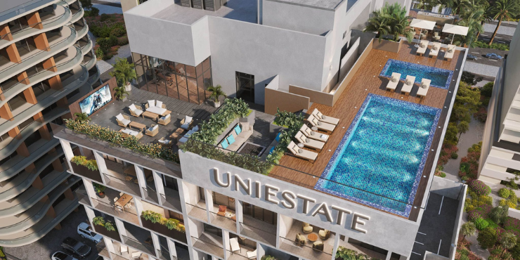 Relaxing view of the swimming pool at Oasis Lofts in Dubai Silicon Oasis.