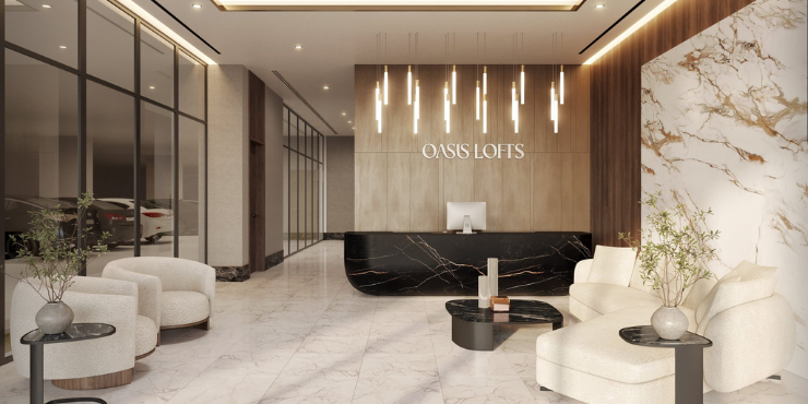 Elegant lobby area with modern furnishings at Oasis Lofts.