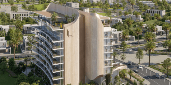 Exterior view of Uno Luxe on Al Marjan Island, showcasing its luxury design.