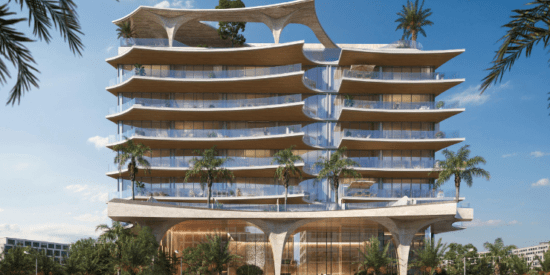 Aerial view of Uno Luxe located on Al Marjan Island, surrounded by luxury resorts.
